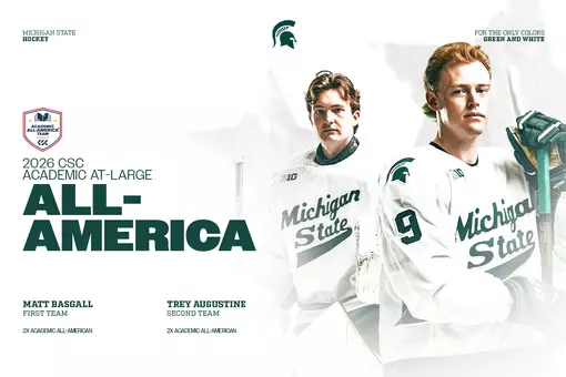 A graphic congratulating Matt Basgall and Trey Augustine for earning 2025-26 CSC At-Large Academic All-America honors