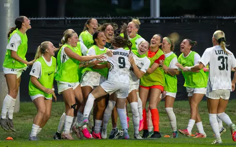 MSU Celebrates a Kayla Briggs goal in the 2026 season opener