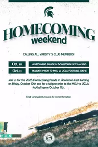 Varsity S Club Homecoming Weekend Graphic with a photo of spartan stadium