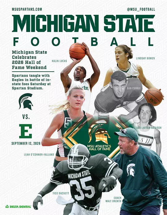 2026 Football Game Program - G2 vs Eastern Michigan cover image with photos of MSU Athletics Hall of Fame 2026 Induction Class and Michigan State and Eastern Michigan logos.