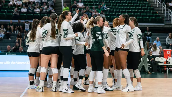 Volleyball team huddle 2026 vs. Western Michigan