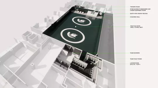 Top-down rendering of renovated Michigan State wrestling practice facility