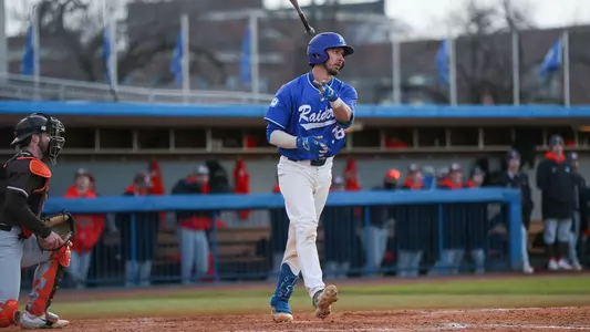 Briggs Rutter throws his bat toward the MTSU dugout after drawing the game-winning walk against Bowling Green on Saturday, February 17, 2024.