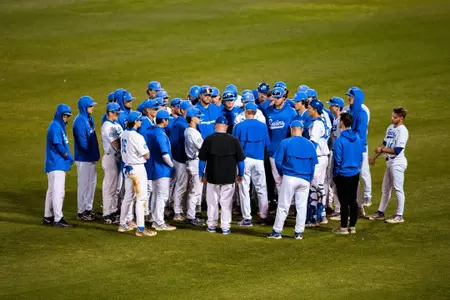 MTSU Baseball meets in the outfield postgame