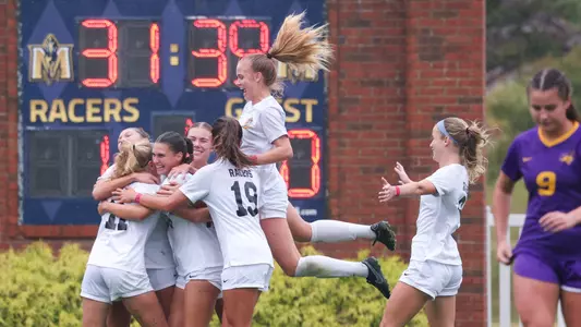Murray State women's soccer team celebrating a goal vs. UNI