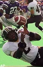 Missouri tailback Zain Gilmore can't get a handle on the ball in his endzone during the first quarter, Saturday.