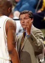Missouri head coach Quin Snyder, right, talks to Arthur Johnson during a time out Tuesday, Dec. 2, 2003, during the first half of their game with Coppin State in Columbia, Mo.