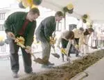 (L-R) Diving Coach Greg Triefenbach, Head Coach Brian Hoffer, Associate AD Sarah Reesman, Athletic Director Michael Alden and Senior swimmer Tiffany Bohon participate in the Groundbreaking