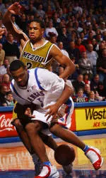 Kansas guard Keith Langford is stripped of the ball as he gets around Jason Conley.