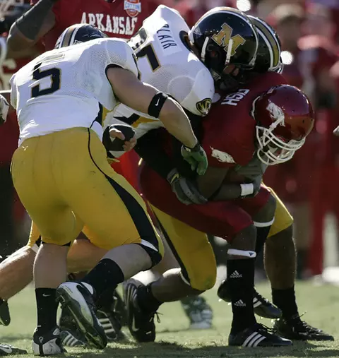 Steven Blair (95), Van Alexander (5)
Cotton Bowl
Missouri vs. Arkansas
January 01, 2008
Dallas, TX
Photo by Charles Ludeke