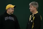 UMKC Head Coach Kendell Hale (left) chats with Mizzou Head Coach Blake Starkey during the UMKC-Mizzou women's tennis match.