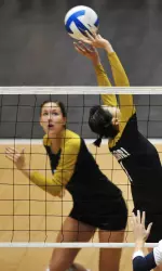 <i>Catie Wilson (left) led the Tigers with a .500 hitting percentage, while Lei Wang-Francisco (right) handed out a season-best 55 assists.</i>