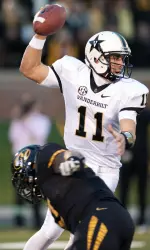 Vanderbilt quarterback Jordan Rodgers is sacked by Kony Ealy during the first quarter. (AP Photo/L.G. Patterson)