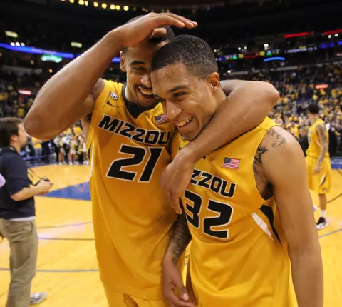 Missouri forward Laurence Bowers, left, celebrates with guard Jabari Brown. (AP Photo/St. Louis Post-Dispatch, Chris Lee)