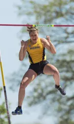 Haarklau on the way down after making the 4.10m bar, she finished 3rd in the competition