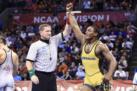 Mar 22, 2014; Oklahoma City, OK, USA; J'Den Cox of Missouri defeated Nick Heflin of Ohio State to win the 197 lb finals in the NCAA wrestling Division I championship at Chesapeake Energy Arena. Mandatory Credit: Alonzo Adams-USA TODAY Sports