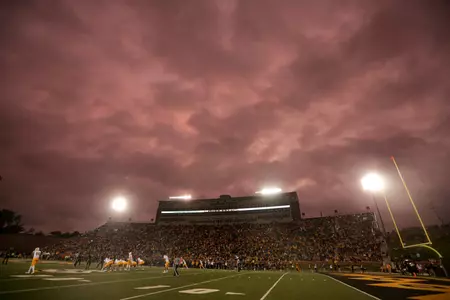 The sun sets over Faurot Field in the closing moments of the 2nd half during Wyoming Cowboys vs. Mizzou Tigers at Memorial Stadium in Columbia, Mo. on Saturday, Sept. 8, 2018. Zach Bland/Mizzou Athletics