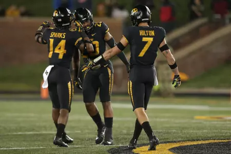 defensive back Adam Sparks (14), defensive back Khalil Oliver (20), safety Cam Hilton (7). Wyoming Cowboys vs. Mizzou Tigers at Memorial Stadium in Columbia, Mo. on Saturday, Sept. 8, 2018. Zach Bland\Mizzou Athletics