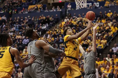 Mizzou forward Tray Jackson (2). Mizzou Tigers vs. No. 14 West Virginia Mountaineers in the SEC-BIG12 Challenge at WVU Coliseum in Morgantown, W. Va. on Saturday, Jan. 25, 2020. Zach Bland/Mizzou Athletics