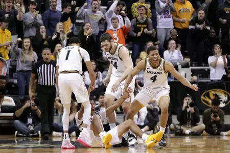 Mizzou guard Javon Pickett (4), Mizzou guard Xavier Pinson (1), Mizzou guard Dru Smith (12), Mizzou forward Reed Nikko (14). Mizzou Tigers vs. Georgia Bulldogs at Mizzou Arena in Columbia, Mo. on Tuesday, Jan. 28, 2020. Zach Bland/Mizzou Athletics