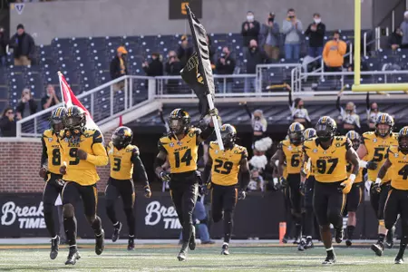 Mizzou defensive back Adam Sparks (14), Mizzou safety Tyree Gillespie (9), Mizzou defensive lineman Akial Byers (97)Mizzou Tigers vs. Kentucky Wildcats at Memorial Stadium in Columbia, Mo. on Saturday, Oct. 24, 2020.Zach Bland/Mizzou Athletics