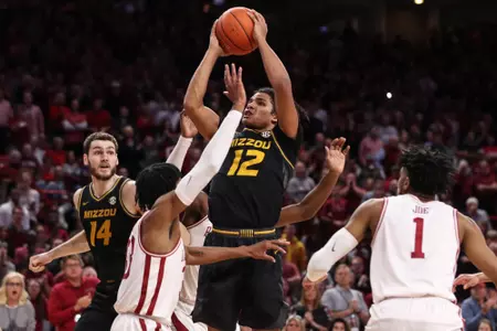 Mizzou guard Dru Smith (12). Mizzou Tigers vs. Arkansas Razorbacks at Bud Walton Arena in Fayetteville, Ark. on Saturday, Feb. 22, 2020. Zach Bland/Mizzou Athletics
