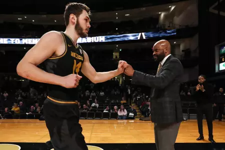 Mizzou forward Reed Nikko (14), Mizzou head coach Cuonzo Martin. Mizzou Tigers vs. Vanderbilt Commodores at Memorial Gymnasium in Nashville, Tenn. on Wednesday, Feb. 26, 2020. Zach Bland/Mizzou Athletics