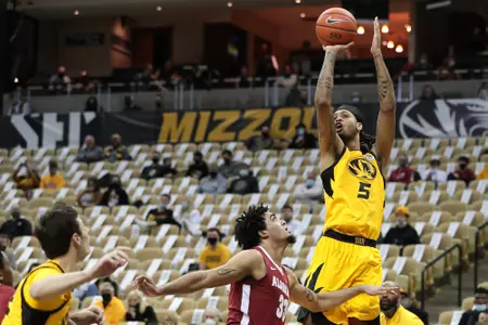 Mizzou forward Mitchell Smith (5). No. 18 Mizzou Tigers vs. No. 10 Alabama Crimson Tide at Mizzou Arena in Columbia, Mo. on Saturday, Feb. 6, 2021. Zach Bland/Mizzou Athletics
