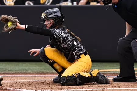 Mizzou Tigers vs. Kansas Jayhawks at Mizzou Softball Stadium in Columbia, MO. on Wednesday, April 19, 2023. 
Jaydyn Isiminger/Mizzou Athletics
