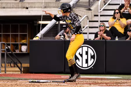 Mizzou Tigers vs. Kansas Jayhawks at Mizzou Softball Stadium in Columbia, MO. on Wednesday, April 19, 2023. 
Jaydyn Isiminger/Mizzou Athletics