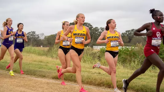 Mizzou's Allison Newman, Natalie Barnard and Nicole Louw race during the SEC XC Championship on Nov. 1, 2024.