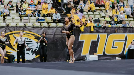 Sophomore Rayna Light following her floor routine during the Mizzou gymnastics team's Black & Gold Intrasquad meet on Dec. 18, 2024.