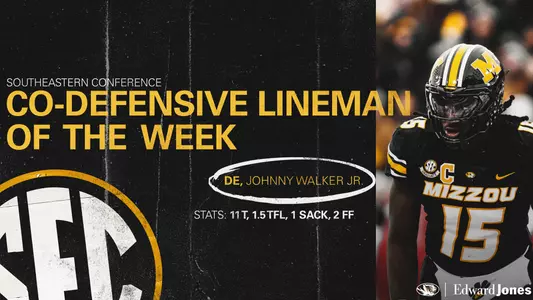 University of Missouri graduate student defensive end Johnny Walker Jr. earned Southeastern Conference Co-Defensive Lineman of the Week honors following the Tigers' 28-21 victory over Arkansas on Saturday.