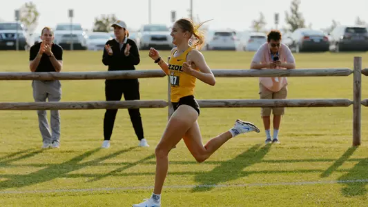 Rahel Broemmel finishing in first during the 2024 Mizzou XC Opener at the Gans Creek Cross Country Course.