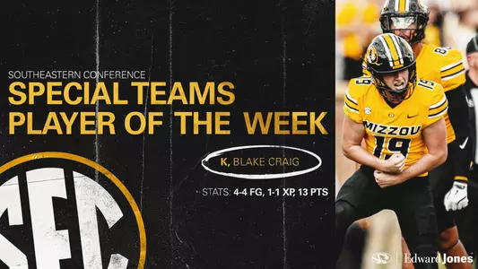 University of Missouri redshirt freshman kicker Blake Craig earned Southeastern Conference Special Teams Player of the Week honors following the Tigers' 27-21 ranked win over No. 24 Boston College on Saturday.