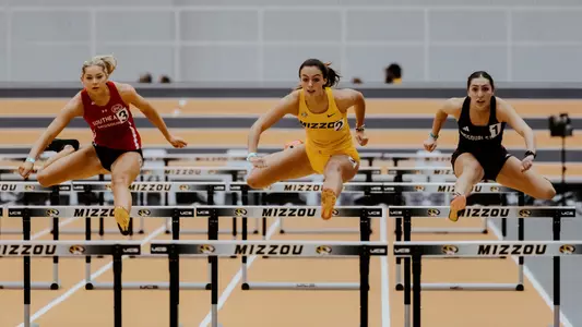 Missouri track and field freshman Brooke Sawatzky racing in the 60-meter hurdles during the Alexis Jarrett Invitational on 01/11/25 at Hearnes Center Fieldhouse.