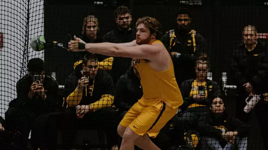 Sam Innes during his record-setting weight throw at the Bob Teel Invitational Jan. 25, 2025.