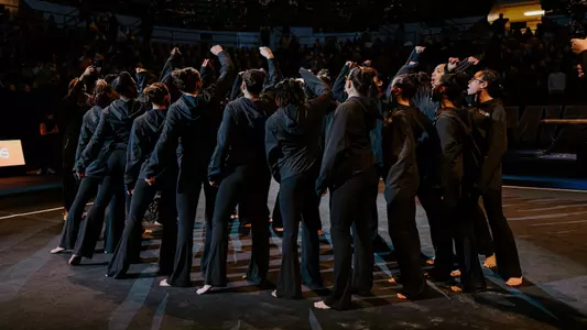 University of Missouri gymnastics team gathers together before competing against No. 6 Kentucky at Hearnes Center on Sunday, Jan. 26, 2025.