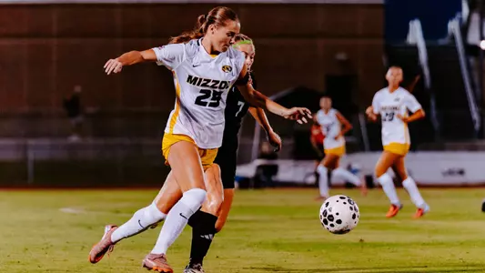 Landis Canada fights for the ball in Mizzou soccer's game against Mississippi State on Sept. 26, 2025.