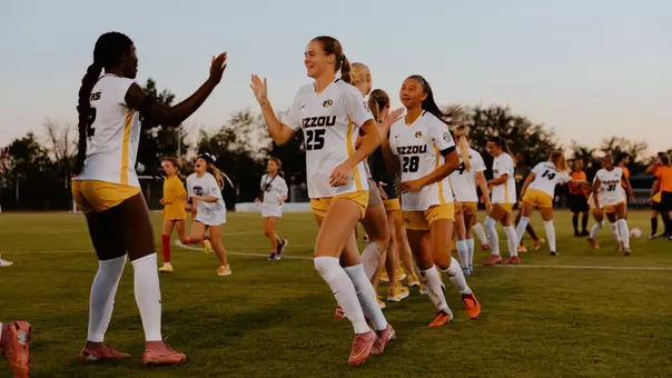 Landis Canada high-fives a teammate prior to Mizzou soccer's game against Mississippi State on September 26, 2025.
