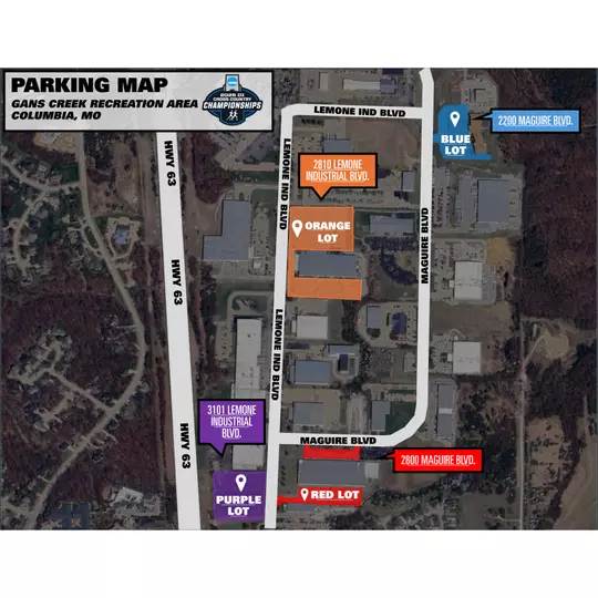25XC Championship Parking Orange, Red, Blue, Purple Lot