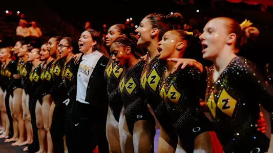 Mizzou gymnastics getting hyped up with the crowd during the team's Black & Gold meet on Dec. 12, 2025.