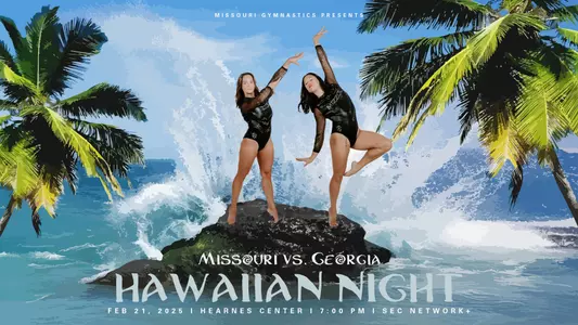 Mizzou gymnastics pre-meet graphic for the team's contest against No. 12 Georgia on Feb. 21, 2025.