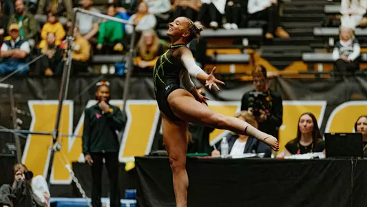 Kaia Tanskanen of the Mizzou gymnastics team performing her floor routine during the Georgia meet on Feb. 21, 2025.
