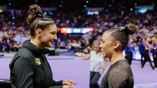 Mizzou gymnastics redshirt junior Elise Tisler and junior Kyra Burns during the team's meet at No. 3 LSU on Jan. 31, 2025.
