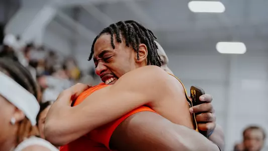 Mizzou track and field athlete Jonathan Seremes celebrating after winning the indoor triple jump national championship at the NCAA Indoor Track and Field Championships on March 15, 2025.