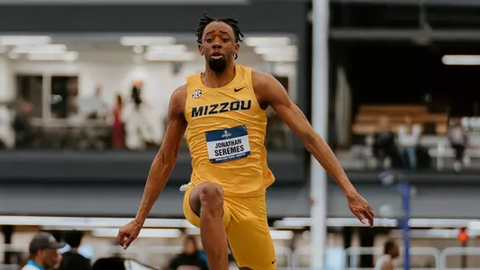 Mizzou track and field's Jonathan Seremes during a triple jump attempt during the NCAA Indoor Championship on March 15, 2025. The sophomore went on to win the national title.