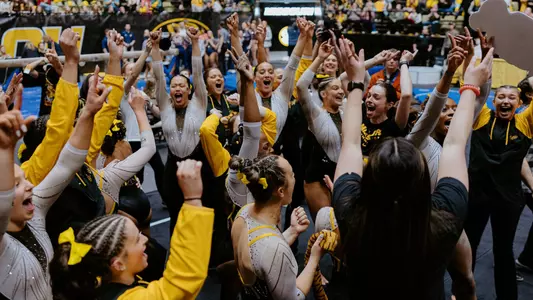 The Mizzou gymnastics team celebrating after the team's senior day meet on March 9, 2025.