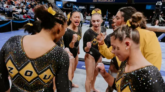 University of Missouri gymnastics preparing for its beam rotation during the NCAA Championship Regional Final on April 6, 2025 at Alaska Airlines Arena in Seattle, Washington.