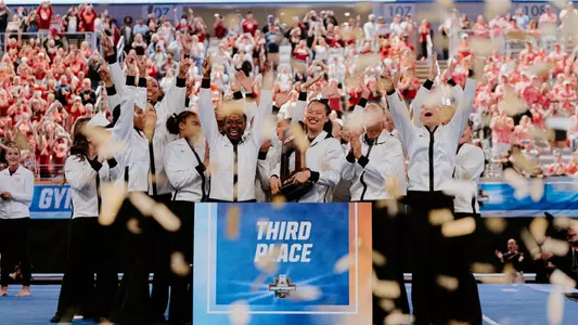 The Mizzou gymnastics celebrating its third-place finish at the NCAA Championship Final on Saturday, April 19, 2025 at Dickies Arena.